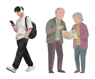 スマートフォンで情報を見る若者と地図を見る高齢夫婦のイラスト